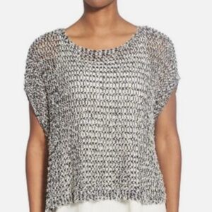 Eileen Fisher Bateau Neck Boxy Top Black White Tufted Cotton Twist Stripe XS